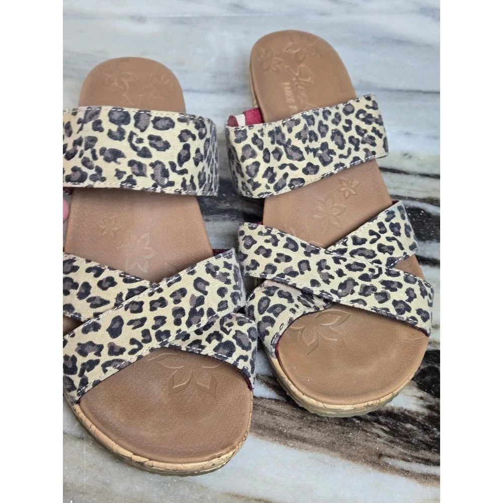 Skechers Luxe Foam Leopard Print Wedge Sandals Womens 10 Tan Black 32964